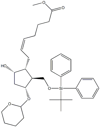 (1R,2S,3R,5S,δZ)-2-(tert-Butyldiphenylsilyloxy)methyl-5-hydroxy-3-tetrahydropyranyloxy-cyclopentanehept-δ-en-oic Acid Methyl Ester (Mixture of Diastereomers) 结构式