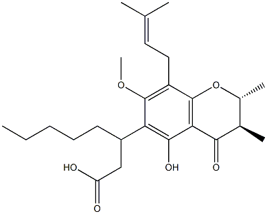 (2R,βR)-3,4-Dihydro-5-hydroxy-7-methoxy-2,3β-dimethyl-8-(3-methyl-2-butenyl)-4-oxo-β-pentyl-2H-1-benzopyran-6-propionic acid 结构式