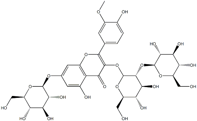 3-[[2-O-(β-D-Glucopyranosyl)-β-D-glucopyranosyl]oxy]-7-(β-D-glucopyranosyloxy)-5-hydroxy-2-(4-hydroxy-3-methoxyphenyl)-4H-1-benzopyran-4-one 结构式