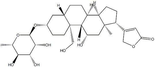 3β-[(6-Deoxy-α-L-mannopyranosyl)oxy]-11β,14,19-trihydroxy-5α-card-20(22)-enolide 结构式