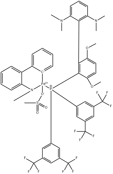 甲磺酸{2-双[3,5-二(三氟甲基)苯基膦基]-3,6-二甲氧基-2',6'-双(二甲氨基)-联苯基}(2'-甲氨基-1,1'-联苯-2-基)钯(II) 结构式