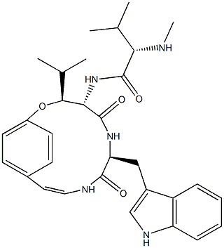 (3R,4S,7S)-7β-[(1H-Indol-3-yl)methyl]-3α-isopropyl-4α-[(S)-3-methyl-2-(methylamino)butyrylamino]-2-oxa-6,9-diazabicyclo[10.2.2]hexadeca-10,12,14(1),15-tetrene-5,8-dione 结构式