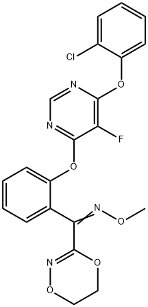 {2-[6-(2-氯苯氧基)-5-氟嘧啶-4-基氧]苯基}(5,6-二氢-1,4,2-二噁嗪-3-基)甲酮O-甲基肟 结构式