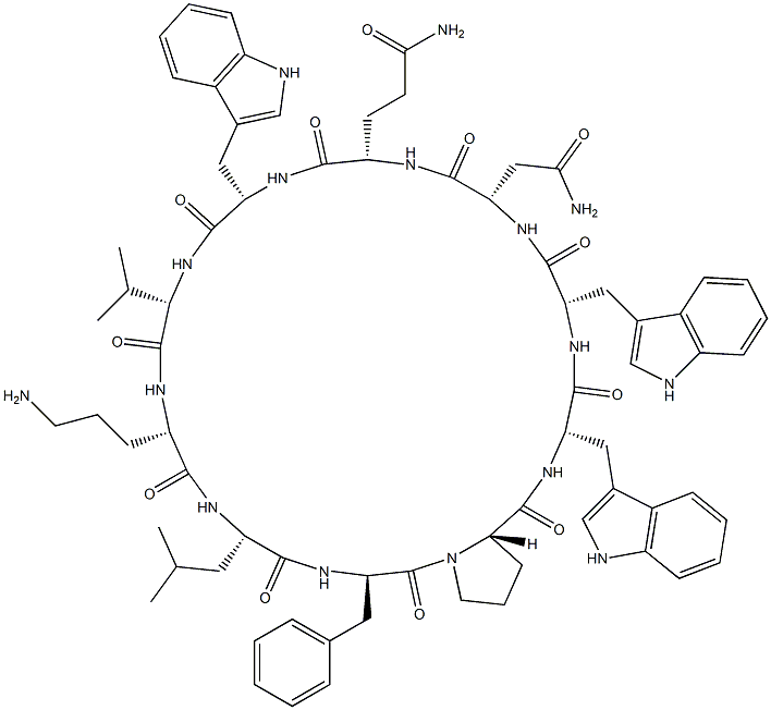 Cyclo(L-Asn-L-Gln-L-Trp-L-Val-L-Orn-L-Leu-D-Phe-L-Pro-L-Trp-L-Trp-) 结构式