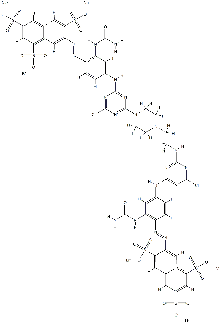 1,3,6-Naphthalenetrisulfonic acid, 7-2-(aminocarbonyl)amino-4-4-4-2-4-3-(aminocarbonyl)amino-4-(3,6,8-trisulfo-2-naphthalenyl)azophenylamino-6-chloro-1,3,5-triazin-2-ylaminoethyl-1-piperazinyl-6-chloro-1,3,5-triazin-2-ylaminophenylazo-, lithium potassium  结构式