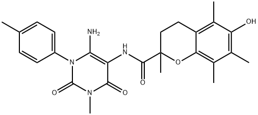 2H-1-Benzopyran-2-carboxamide,  N-[6-amino-1,2,3,4-tetrahydro-3-methyl-1-(4-methylphenyl)-2,4-dioxo-5-pyrimidinyl]-3,4-dihydro-6-hydroxy-2,5,7,8- 结构式