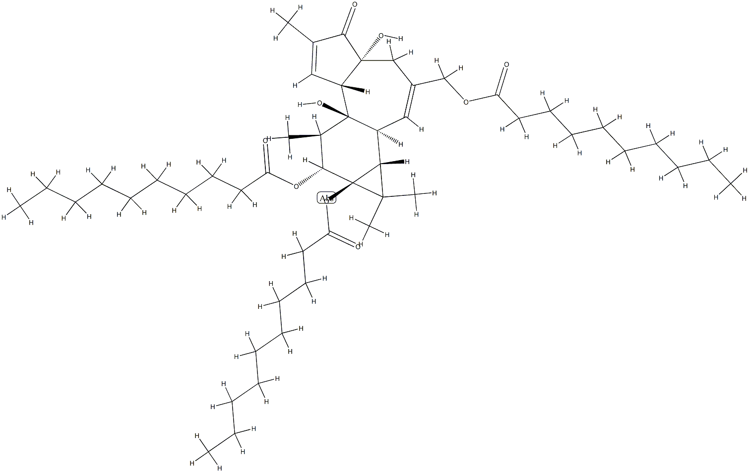 Bisdecanoic acid (1aR)-1aα,1bβ,4,4a,5,7aα,7b,8,9,9a-decahydro-3-(decanoyloxy)methyl-4aβ,7bα-dihydroxy-1,1,6,8α-tetramethyl-5-oxo-1H-cyclopropa[3,4]benz[1,2-e]azulene-9β,9aα-diyl ester 结构式