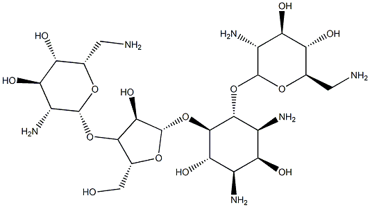1,3-Diamino-4-O-(2,6-diamino-2,6-dideoxy-α-D-glucopyranosyl)-5-O-[3-O-(2,6-diamino-2,6-dideoxy-β-L-idopyranosyl)-β-D-ribofuranosyl]-1,3-dideoxy-D-myo-inositol 结构式