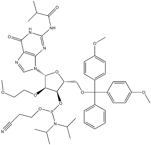 5'-O-[二(4-甲氧基苯基)苯基甲基]-2'-O-(2-甲氧基乙基)-N-(2-甲基-1-氧代丙基)鸟苷 3'-[2-氰基乙基 二异丙基氨基亚磷酸酯] 结构式