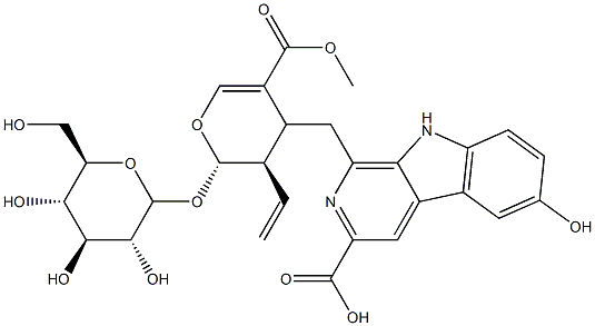 6-Hydroxy-1-[[(2S)-3α-vinyl-2β-(β-D-glucopyranosyloxy)-3,4β-dihydro-5-methoxycarbonyl-2H-pyran-4-yl]methyl]-9H-pyrido[3,4-b]indole-3-carboxylic acid 结构式