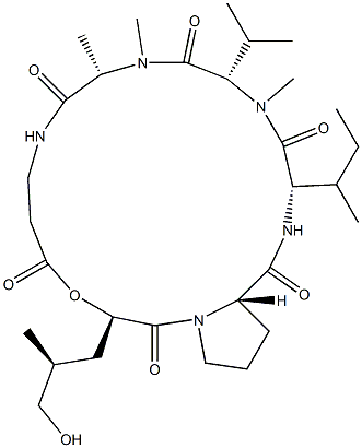 3-[1-(Hydroxymethyl)ethyl]cyclo[D-Lac-L-Pro-L-Ile-N-methyl-L-Val-N-methyl-L-Ala-βAla-] 结构式