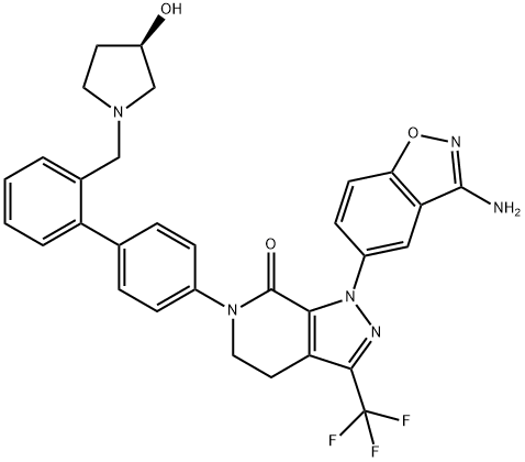 1-(3-氨基-1,2-苯并[D]异唑-5-基)-3-三氟甲基-6-[4-[2-[[(3R)-3-羟基-1-吡咯烷基]甲基]苯基]苯基]-1,4,5,6-四氢-7H-吡唑并[3,4-C]吡啶-7-酮 结构式