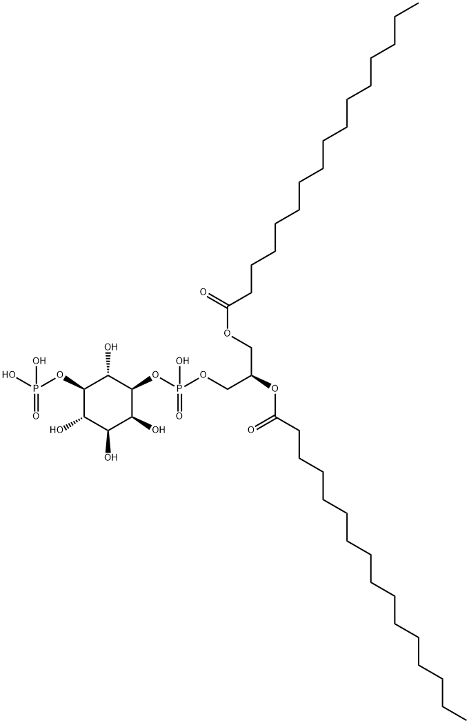 D-MYO-肌醇 1-[(2R)-2,3-二[(1-氧代十六烷基)氧基]丙基磷酸氢酯] 5-(磷酸二氢酯) 结构式