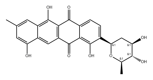 1,6,10-Trihydroxy-2-(2,6-dideoxy-β-D-arabino-hexopyranosyl)-8-methylnaphthacene-5,12-dione 结构式