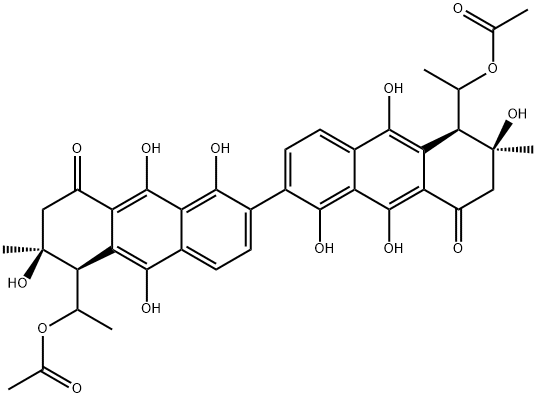 (4S,4'S)-4α,4'α-Bis[(R)-1-acetoxyethyl]-3α,3'α,8,8',9,9',10,10'-octahydroxy-3,3'-dimethyl-7,7'-bi[3,4-dihydroanthracen-1(2H)-one] 结构式