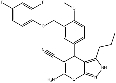 6-amino-4-{3-[(2,4-difluorophenoxy)methyl]-4-methoxyphenyl}-3-propyl-1,4-dihydropyrano[2,3-c]pyrazole-5-carbonitrile 结构式