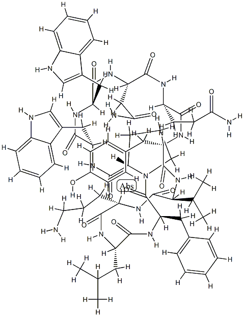 Cyclo(L-Asn-L-Gln-L-Tyr-L-Val-L-Orn-L-Leu-D-Phe-L-Pro-L-Trp-D-Trp-) 结构式