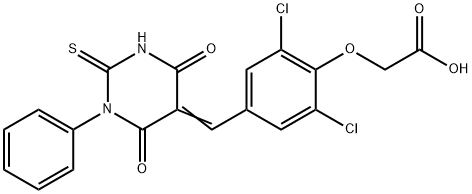 2-[2,6-dichloro-4-[(E)-(4,6-dioxo-1-phenyl-2-sulfanylidene-1,3-diazinan-5-ylidene)methyl]phenoxy]acetic acid 结构式