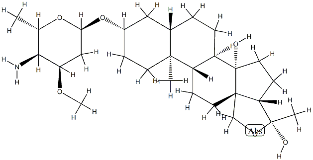 [(20R)-18,20-Epoxy-14β,20-dihydroxy-5α-pregnan-3β-yl]4-amino-3-O-methyl-2,4,6-trideoxy-α-L-arabino-hexopyranoside 结构式