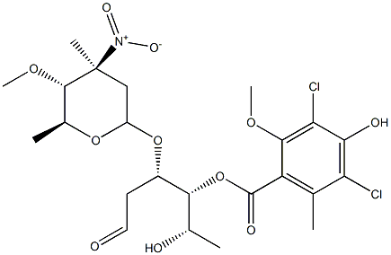 2,6-Dideoxy-3-O-(3-nitro-4-O-methyl-3-C-methyl-2,3,6-trideoxy-α-L-arabino-hexopyranosyl)-D-arabino-hexose 4-(3,5-dichloro-4-hydroxy-2-methoxy-6-methylbenzoate) 结构式
