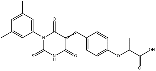 2-[4-[(Z)-[1-(3,5-dimethylphenyl)-4,6-dioxo-2-sulfanylidene-1,3-diazinan-5-ylidene]methyl]phenoxy]propanoic acid 结构式