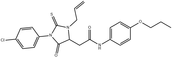 2-[3-allyl-1-(4-chlorophenyl)-5-oxo-2-thioxoimidazolidin-4-yl]-N-(4-propoxyphenyl)acetamide 结构式