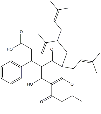 3,4,7,8-Tetrahydro-5-hydroxy-2,3-dimethyl-8-(3-methyl-2-butenyl)-8-[5-methyl-2-(1-methylethenyl)-4-hexenyl]-4,7-dioxo-β-phenyl-2H-1-benzopyran-6-propionic acid 结构式