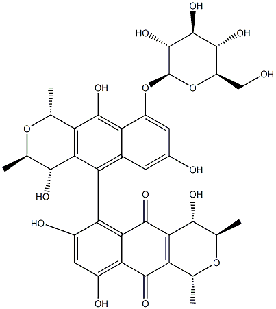 (1R,1'R,3'R,4'S)-9-(β-D-Glucopyranosyloxy)-3,3',4,4'-tetrahydro-4β,4',7,7',9',10-hexahydroxy-1β,1',3α,3'-tetramethyl-5,6'-bi-[1H-naphtho[2,3-c]pyran]-5',10'-dione 结构式