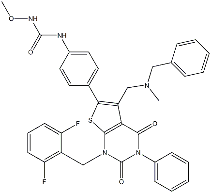 3-[4-[7-[(benzyl-methyl-amino)methyl]-2-[(2,6-difluorophenyl)methyl]-3 ,5-dioxo-4-phenyl-9-thia-2,4-diazabicyclo[4.3.0]nona-7,10-dien-8-yl]ph enyl]-1-methoxy-urea 结构式