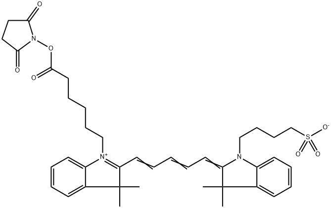 4-(2-(5-(1-(6-((2,5-二氧代吡咯烷-1-基)氧基)-6-氧代己基)-3,3-二甲基-3H-吲哚-1-鎓-2-基)戊-2,4-二烯-1-亚基)-3,3-二甲基吲哚啉-1-基)丁-1-磺酸内盐 结构式