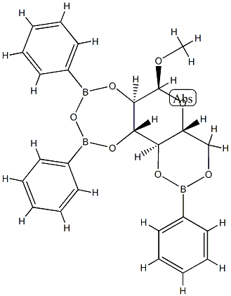 1-O-Methyl-2-O,3-O-[oxybis(phenylboranediyl)]-4-O,6-O-(phenylboranediyl)-α-D-glucopyranose 结构式