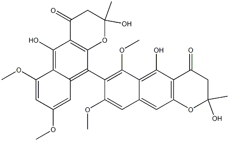 2,2',3,3'-Tetrahydro-2,2',5,5'-tetrahydroxy-6,6',8,8'-tetramethoxy-2,2'-dimethyl-7,10'-bi[4H-naphtho[2,3-b]pyran]-4,4'-dione 结构式