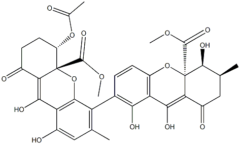 (3'S,4S,4aR)-4-Acetoxy-2,2',3,3'α,4,4',9,9'-octahydro-1,1',4'α,8,8'-pentahydroxy-3'α,6-dimethyl-9,9'-dioxo-5,7'-bi(4aH-xanthene)-4a,4'aβ-dicarboxylic acid dimethyl ester 结构式
