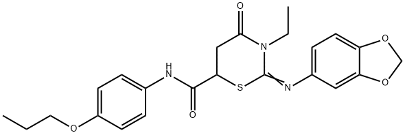 2-(1,3-benzodioxol-5-ylimino)-3-ethyl-4-oxo-N-(4-propoxyphenyl)-1,3-thiazinane-6-carboxamide 结构式