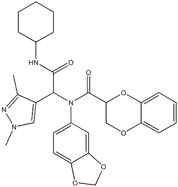 1H-Pyrazole-4-acetamide,alpha-[1,3-benzodioxol-5-yl[(2,3-dihydro-1,4-benzodioxin-2-yl)carbonyl]amino]-N-cyclohexyl-1,3-dimethyl-(9CI) 结构式