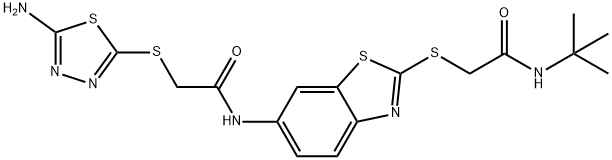 2-[(5-amino-1,3,4-thiadiazol-2-yl)sulfanyl]-N-(2-{[2-(tert-butylamino)-2-oxoethyl]sulfanyl}-1,3-benzothiazol-6-yl)acetamide 结构式