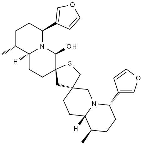 (3S,4'S)-6α,6''α-Di(3-furanyl)-1,6,7,8,9,9aβ,1'',6'',7'',8'',9'',9''aβ-dodecahydro-4α-hydroxy-9β,9''β-dimethyldispiro[2H-quinolizine-3(4H),2'(3'H)-thiophene-4'(5'H),3''(4''H)-[2H]quinolizine] 结构式