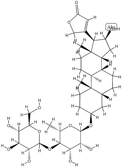 3β-[(4-O-β-D-Glucopyranosyl-6-deoxy-α-L-mannopyranosyl)oxy]-16β-hydroxy-5β-card-20(22)-enolide 结构式