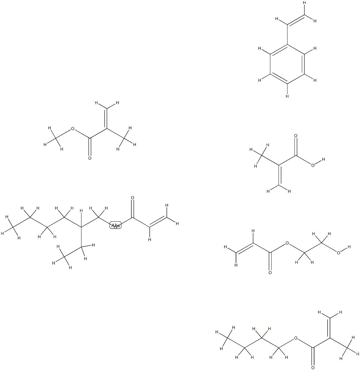 2-Propenoic acid, 2-methyl-, polymer with butyl 2-methyl-2-propenoate, ethenylbenzene, 2-ethylhexyl 2-propenoate, 2-hydroxyethyl 2-propenoate and methyl 2-methyl-2-propenoate 结构式