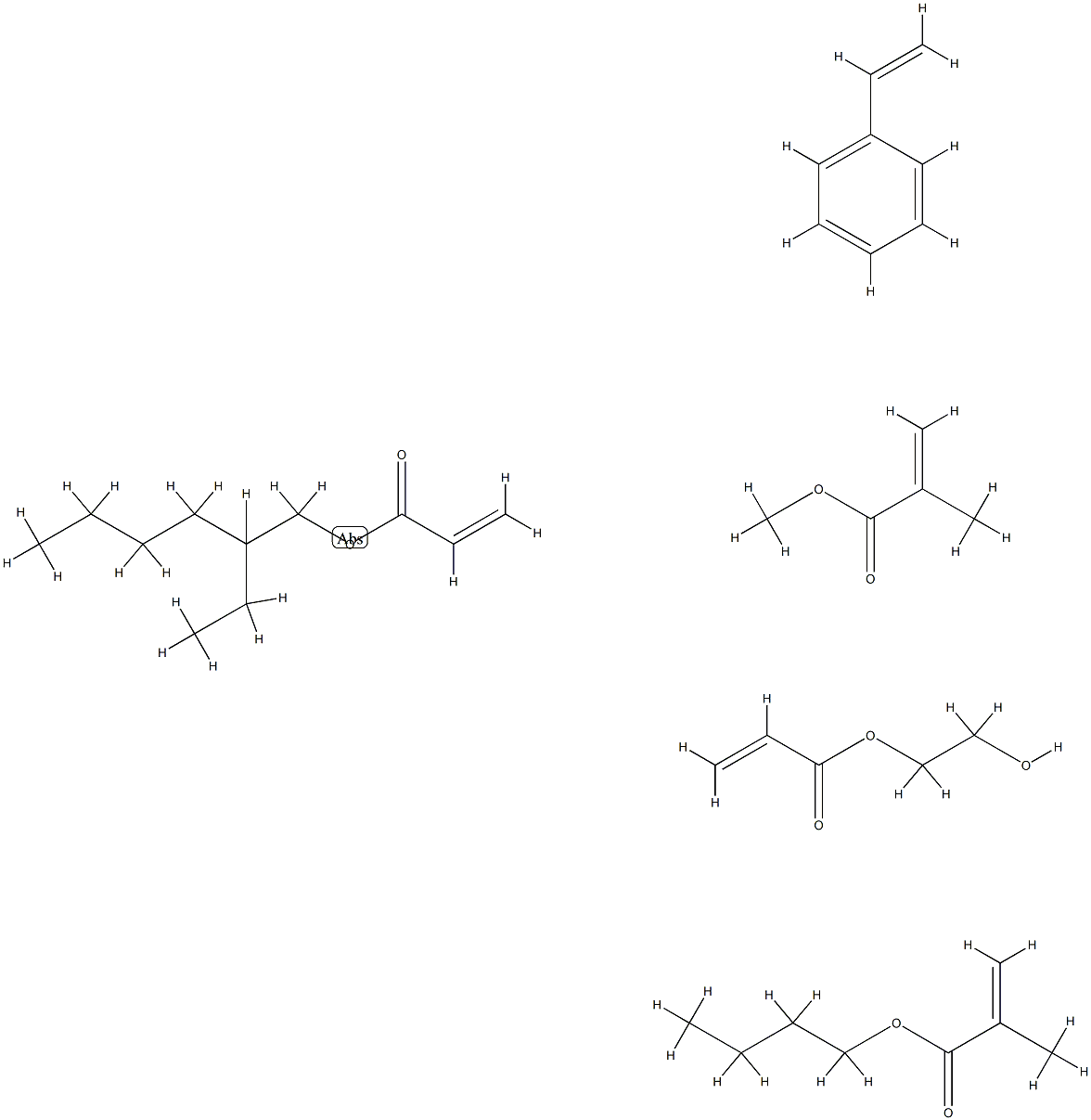 2-甲基-2-丙烯酸丁酯与苯乙烯、2-丙烯酸-2-乙基己酯、2-丙烯酸-2-羟乙酯和2-甲基-2-丙烯酸甲酯的聚合物 结构式