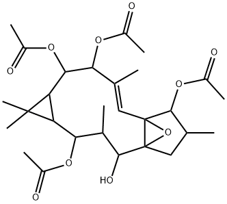 4a,7a-Epoxy-5H-cyclopenta[a]cyclopropa[f]cycloundecene-2,4,7,10,11-pen tol, 1,1a,2,3,4,6,7,10,11,11a-decahydro-1,1,3,6,9-pentamethyl-, 2,7,10 ,11-tetraacetate 结构式