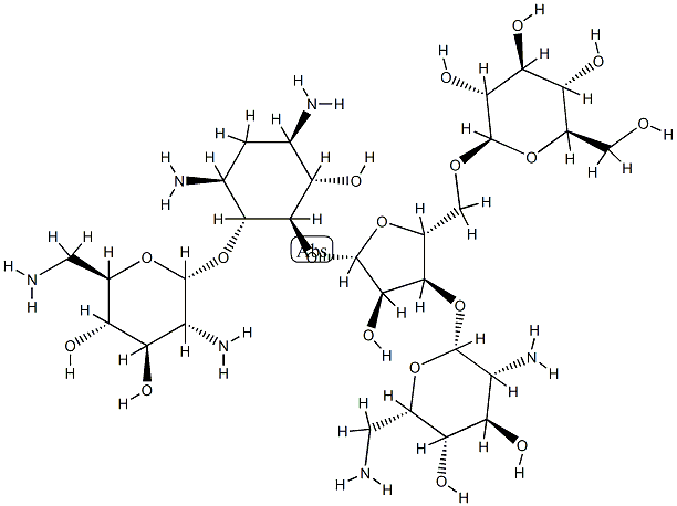 4-O-(2,6-Diamino-2,6-dideoxy-α-D-glucopyranosyl)-5-O-[3-O-(2,6-diamino-2,6-dideoxy-β-L-idopyranosyl)-5-O-(β-D-glucopyranosyl)-β-D-ribofuranosyl]-2-deoxy-D-streptamine 结构式