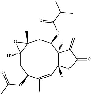 [1aR,3S,4Z,5aR,8aR,9R,10aR,(-)]-3-Acetoxy-1aβ,2,3,5aα,7,8,8aβ,9,10,10a-decahydro-4,10aα-dimethyl-8-methylene-7-oxooxireno[5,6]cyclodeca[1,2-b]furan-9-ol 2-methylpropionate 结构式