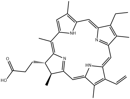 (2S)-8-Vinyl-13-ethyl-2,3-dihydro-3α,7,12,17,20-pentamethyl-21H,23H-porphyrin-2-propionic acid 结构式