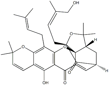 (1R,14aS)-3,3aα,4,5-Tetrahydro-8-hydroxy-1-[(Z)-4-hydroxy-3-methyl-2-butenyl]-3,3,11,11-tetramethyl-13-(3-methyl-2-butenyl)-1,5β-methano-7H,11H-furo[3,4-g]pyrano[3,2-b]xanthene-7,15-dione 结构式