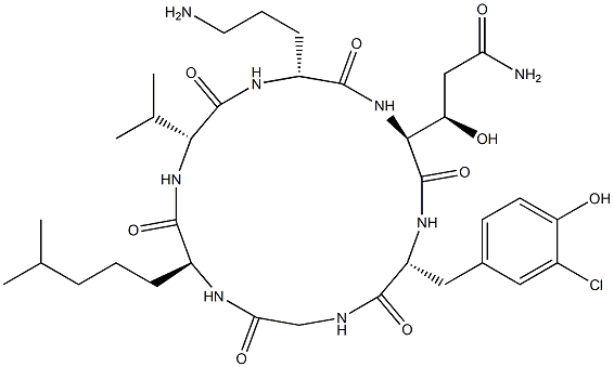 Cyclo[Gly-6,6-dimethyl-L-Nle-D-Val-D-Orn-[(3R)-3-hydroxy-L-Gln-]-5-chloro-D-Tyr-] 结构式