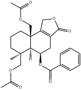 (5R)-6β,9aβ-Bis(acetoxymethyl)-5-benzoyloxy-1,3,4,5,5aα,6,7,8,9,9a-decahydro-6-methylnaphtho[1,2-c]furan-3-one 结构式