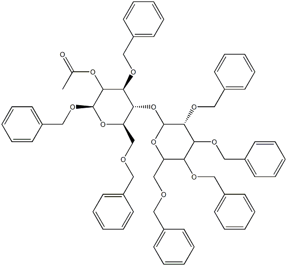 Phenylmethyl 3-O,6-O-bis(phenylmethyl)-4-O-[2-O,3-O,4-O,6-O-tetrakis(phenylmethyl)-α-D-glucopyranosyl]-β-D-glucopyranoside 2-acetate 结构式