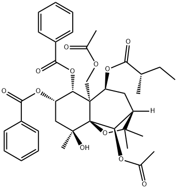 (S)-2-Methylbutanoic acid [(3R,10R)-10-acetoxy-5aβ-acetoxymethyl-6β,7β-bis(benzoyloxy)-3,4,5,5a,6,7,8,9-octahydro-9α-hydroxy-2,2,9-trimethyl-2H-3β,9aβ-methano-1-benzoxepin-5α-yl] ester 结构式