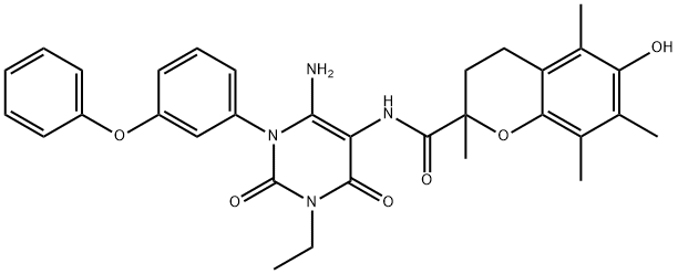 2H-1-Benzopyran-2-carboxamide,  N-[6-amino-3-ethyl-1,2,3,4-tetrahydro-2,4-dioxo-1-(3-phenoxyphenyl)-5-pyrimidinyl]-3,4-dihydro-6-hydroxy-2,5,7,8- 结构式